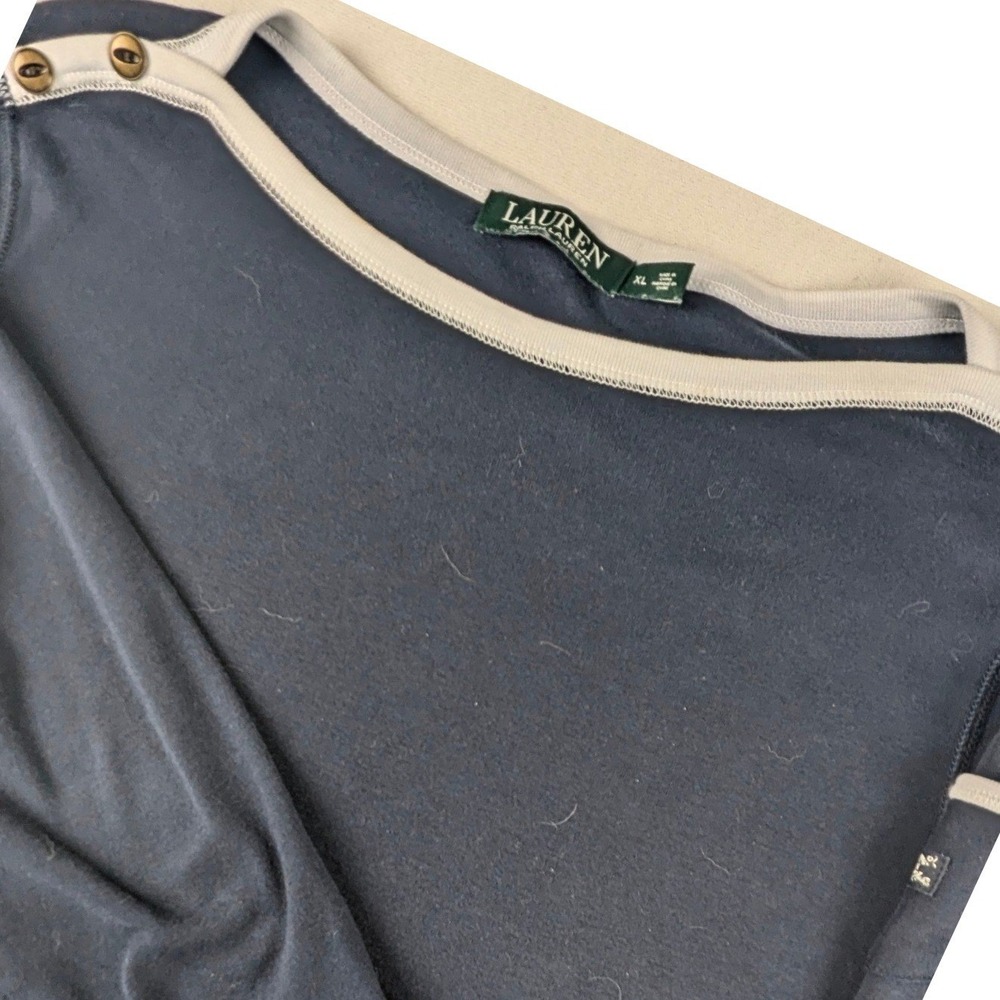 Lauren Ralph Lauren Womens Navy Blue Boat Neck Button Shoulder Top XL Cotton
